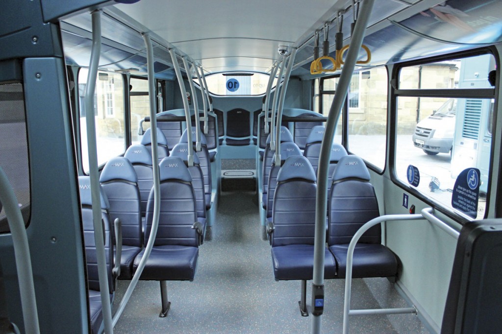 The interiors of the Wright Gemini double-deckers have been refurbished by Bus and Coach World of Blackburn. The work included new handrails and the update of the seats to Esteban Civic V3 standards trimmed in two-tone blue E-Leather_A