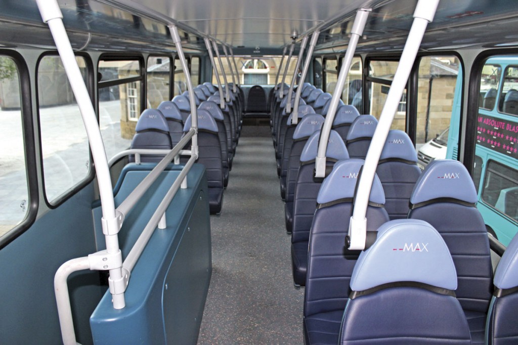 The interiors of the Wright Gemini double-deckers have been refurbished by Bus and Coach World of Blackburn. The work included new handrails and the update of the seats to Esteban Civic V3 standards trimmed in two-tone blue E-Leather