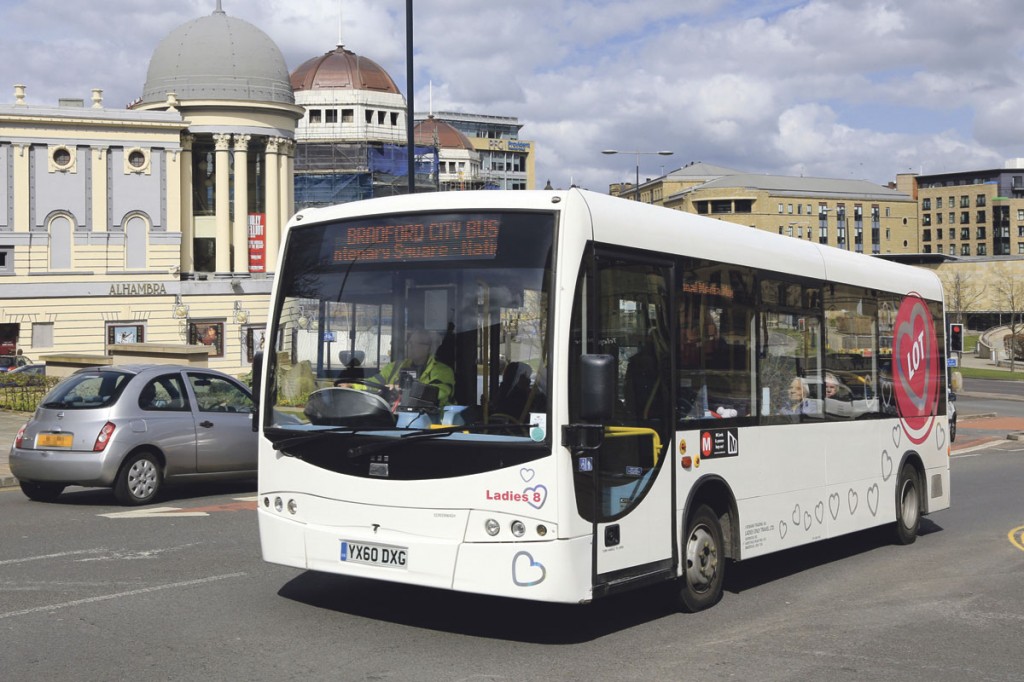 A Plaxton Primo on the City Bus service in Bradford City Centre, seen here by the city’s iconic Alhambra theatre