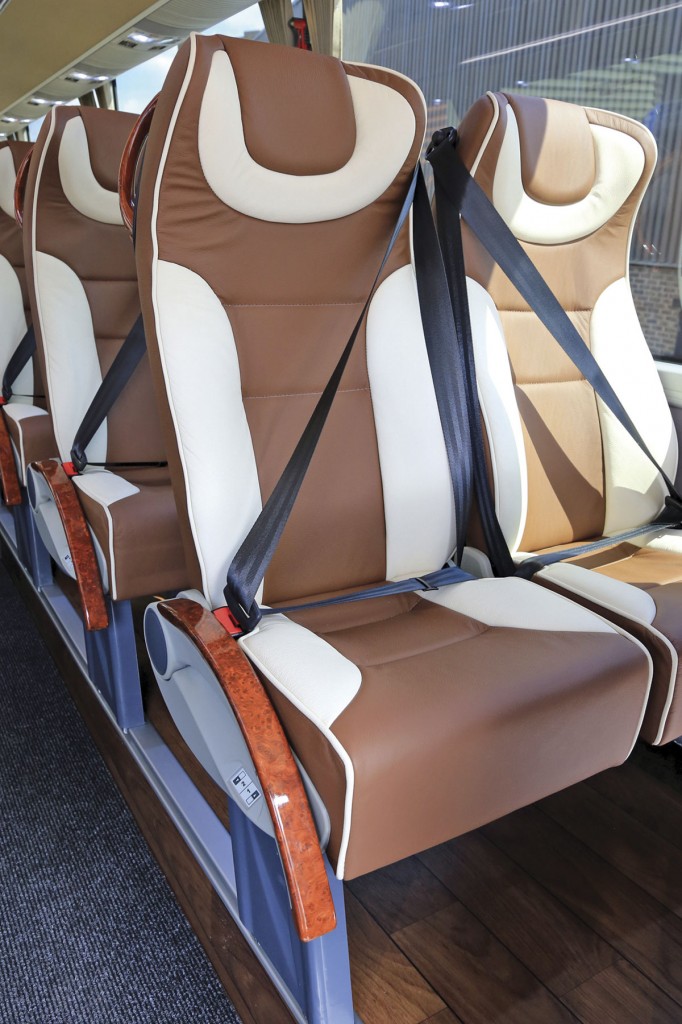 Temsa redesigned their standard seat to meet BM Coaches’ requirement. It is fully leather trimmed and offers side slide capability