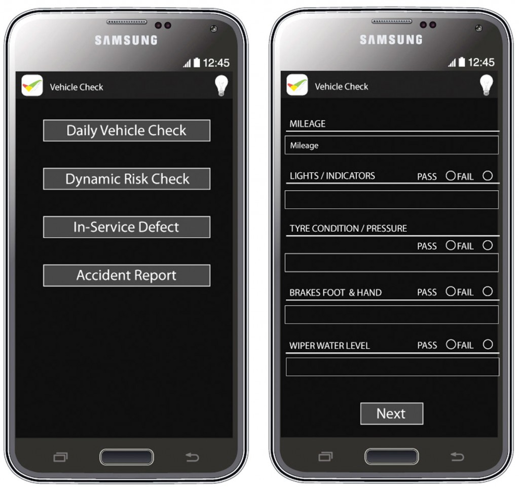 The CheckedSafe driver walk around check app. Users go through the walk around check list, pressing pass or fail.