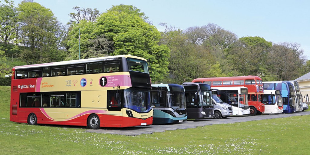 The vehicle display in the grounds of Villa Marina with the low height Wrightbus Streetdeck for Brighton and Hove prominent