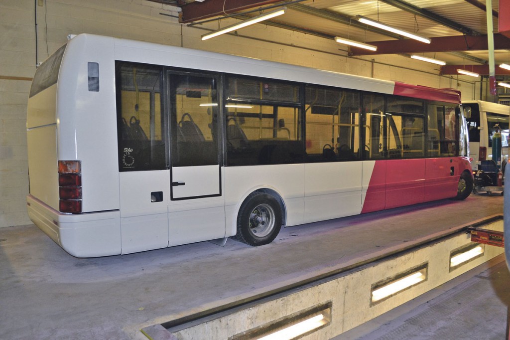 This Optare Solo has just been repainted in the workshop on site. It still needs to have the trademark heart transfers applied