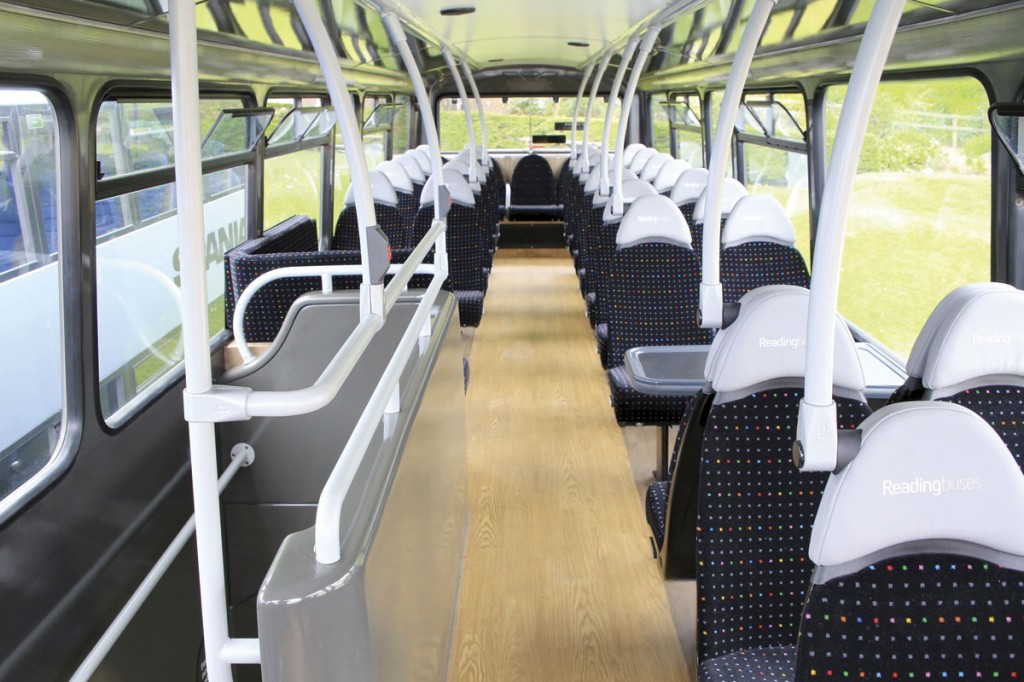 Upper deck interior of the Wright Gemini double decker refurbished by Bus and Coach World for Reading Buses