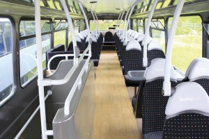 Upper deck interior of the Wright Gemini double decker refurbished by Bus and Coach World for Reading Buses.