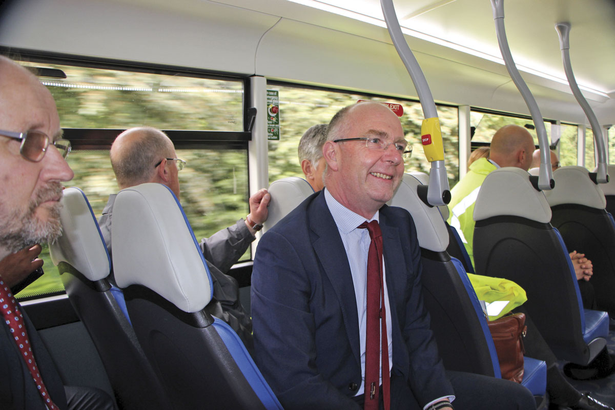 First’s Engineering Director, Mark Munday, joins the press on the upper deck of the Metrodecker