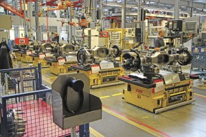 Axle cases mounted on AGVs passing through the assembly stages at the Munich plant
