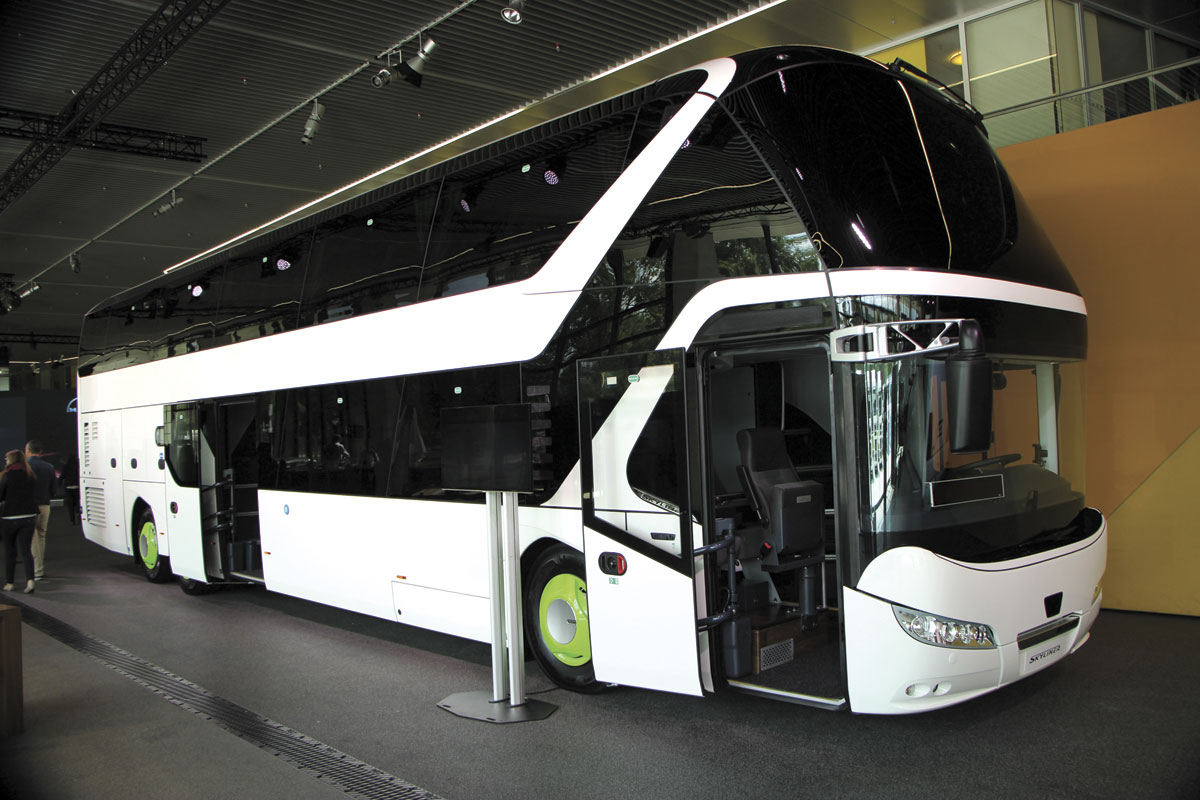 Neoplan Skyliner featuring twin wheelchair capacity with six demountable lower deck seats