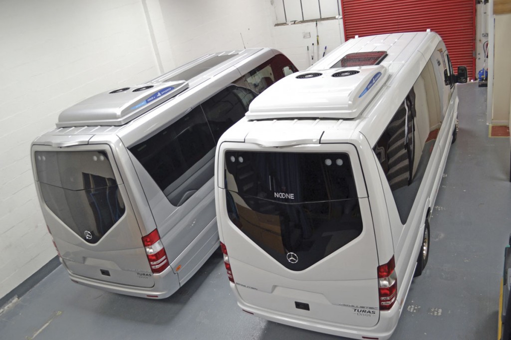 The new Turas 500 Envoy stock vehicles are displayed in the showroom area of the head office site