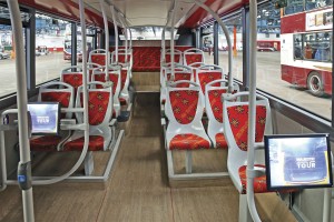 The lower deck incorporates two wheelchair positions with dedicated screens showing a live feed from the forward facing camera upstairs