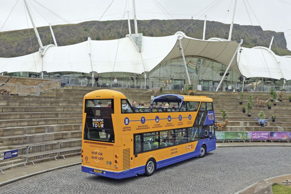 The treatment of the inner end of the covered area is apparent from this view of The Majestic Tour vehicle outside Dynamic Earth