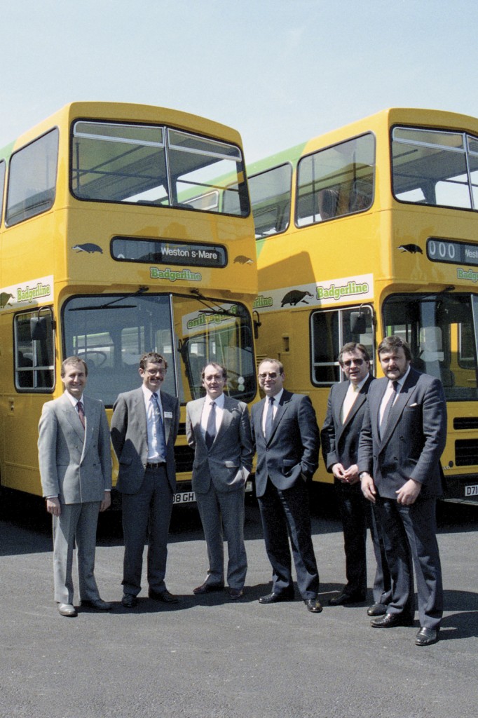 The formal handover of the Volvo buses to Badgerline in May 1987 with Volvo’s Sandie Glennie third from left.