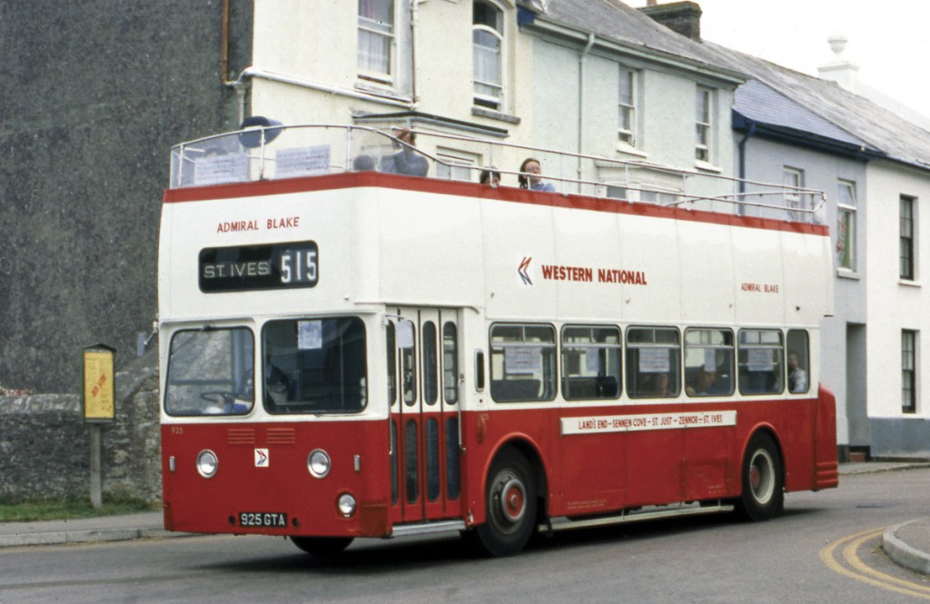 The sun didn’t always shine in bygone summers. The open top Leyland Atlantean operating on the coastal service passes through St Just in August 1977.