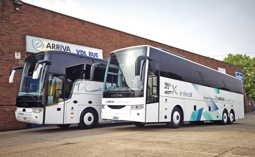 Examples of the Van Hool TX and EX range on the forecourt of Arriva Bus and Coach’s premises.