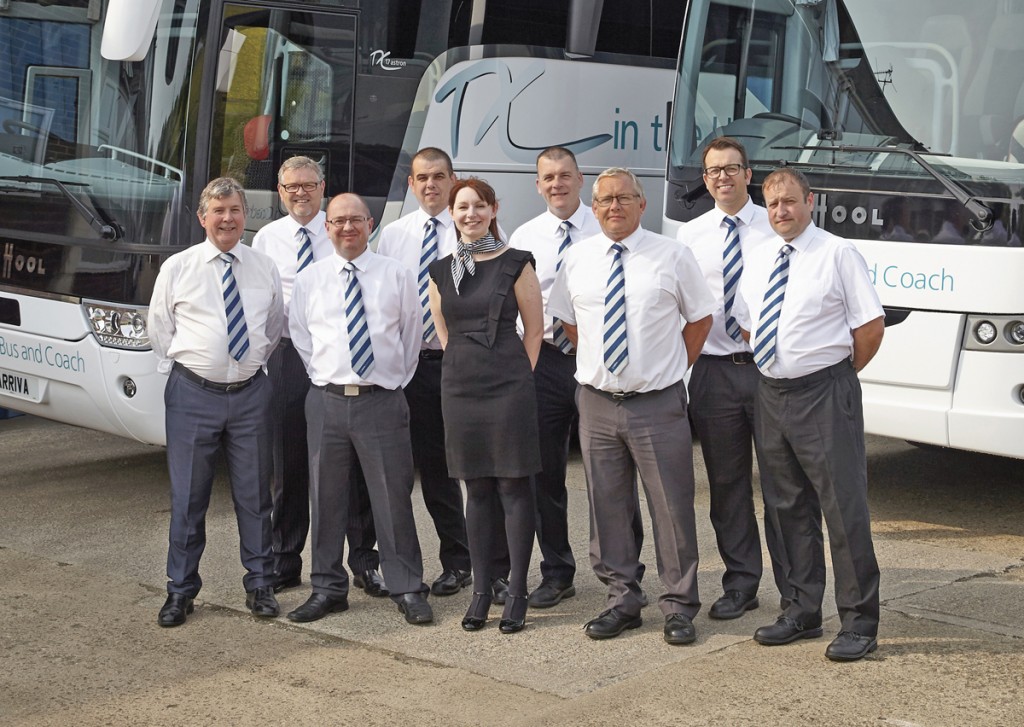 The Arriva Bus and Coach team: (LtoR) David Brown (Area Sales Manager for London and the South East), Graham Messenger (Area Sales Manager for the South West), Darren Critchley (Area Sales Manager for the North and Central), Alan Dale (Commercial Director), Laura Cooper (Marketing Manager), Dave Gregory (Sales Development Manager), Steve Fletcher (Commercial Manager), Mike Jopling (Rentals Assistant) and John Gray (Area Sales Manager for Scotland and Ireland).