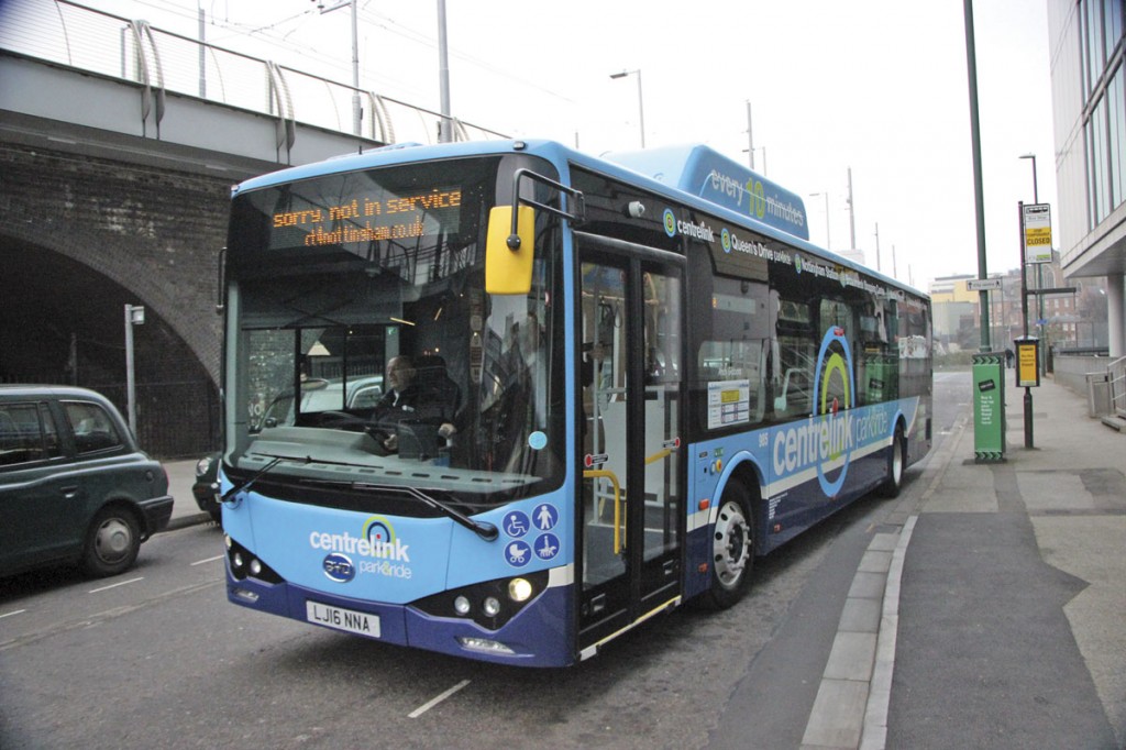A nearside view of one of the buses on the road
