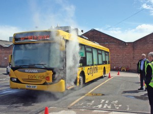 A bus filled with smoke for vehicle evacuation training, seen here at Nottingham City Transport.