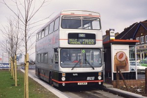 In as delivered condition, one of the guided MCW Metrobuses stands on the busway at Short Heath terminus and demonstrates the then innovative panic display available to the driver. Half of the vehicles had the three line electronic displays