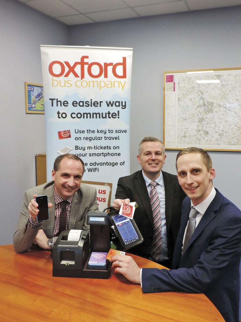 Oxford Bus Company’s Phil Southall, MD; Andy Morison, Commercial Manager, and Luke Marion, Finance & Commercial Director, with the technology being sourced from Ticketer