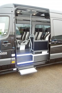 The entrance to the Sprinter features LED step lighting and an electric door.