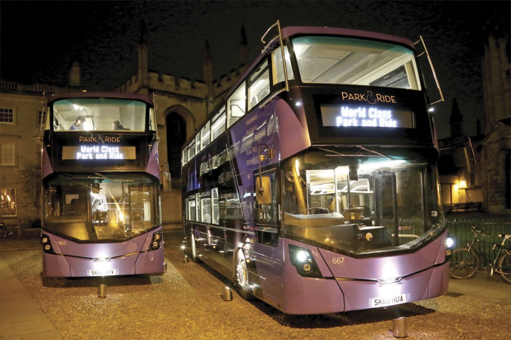 The new purple park and ride buses were displayed in the courtyard opposite the Radcliffe Camera