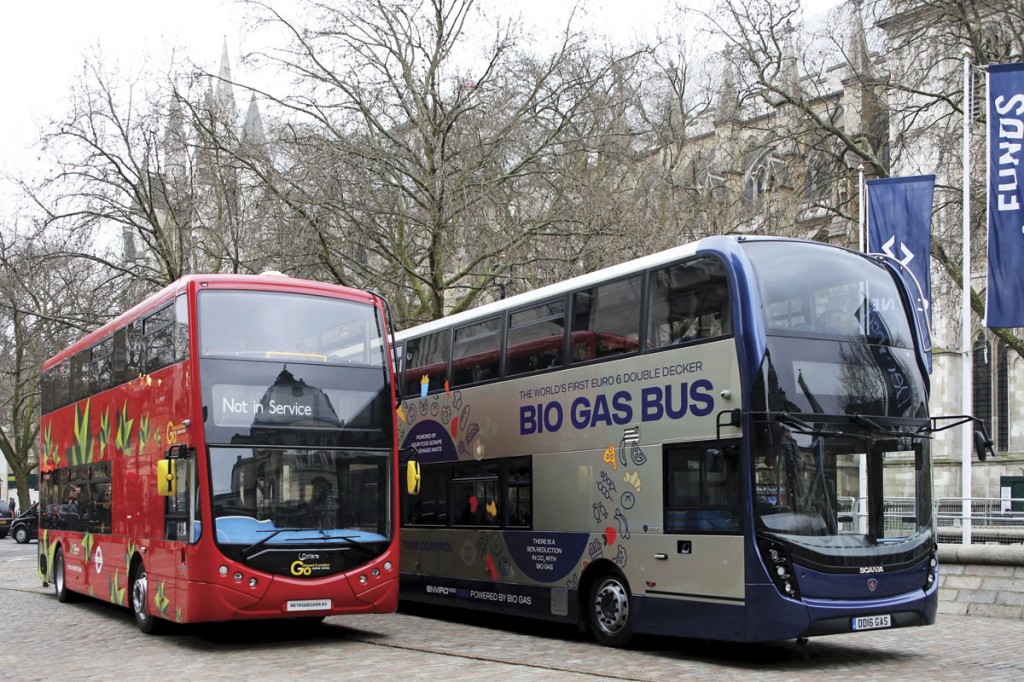 Optare’s Metrodecker EV and Scania’s biomethane powered double-decker with ADL Enviro400 MMC body