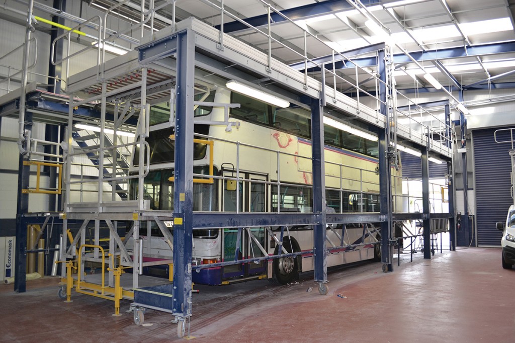 Prior to repainting, the bus will go into the preparation booth to be stripped of its livery.