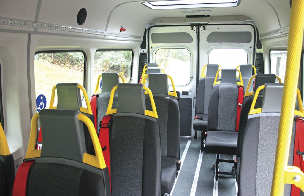 The interior with 14 Urban track mounted seats with NMI quick release fixings. Alternatively up to four wheelchairs can be carried