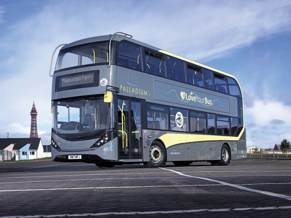 Posed with the iconic Tower in the background, the bespoke Blackpool Enviro400 City has a wrap around screen top and bottom for improved visibility.