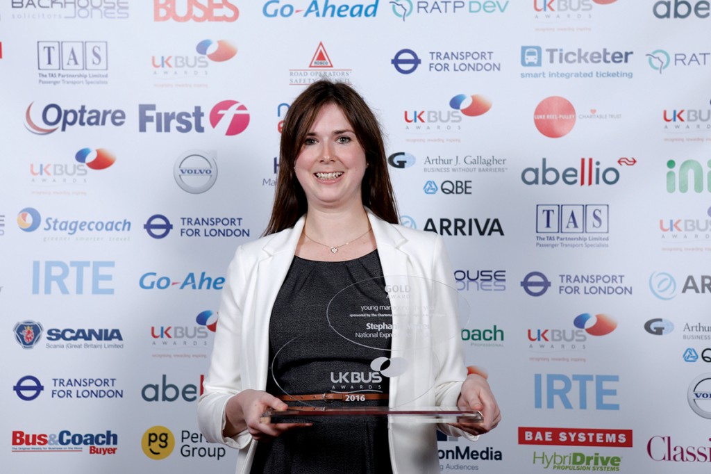 Steph with her UK Bus Awards Young Manager of the Year Award 2016. Picture courtesy of UKBA.