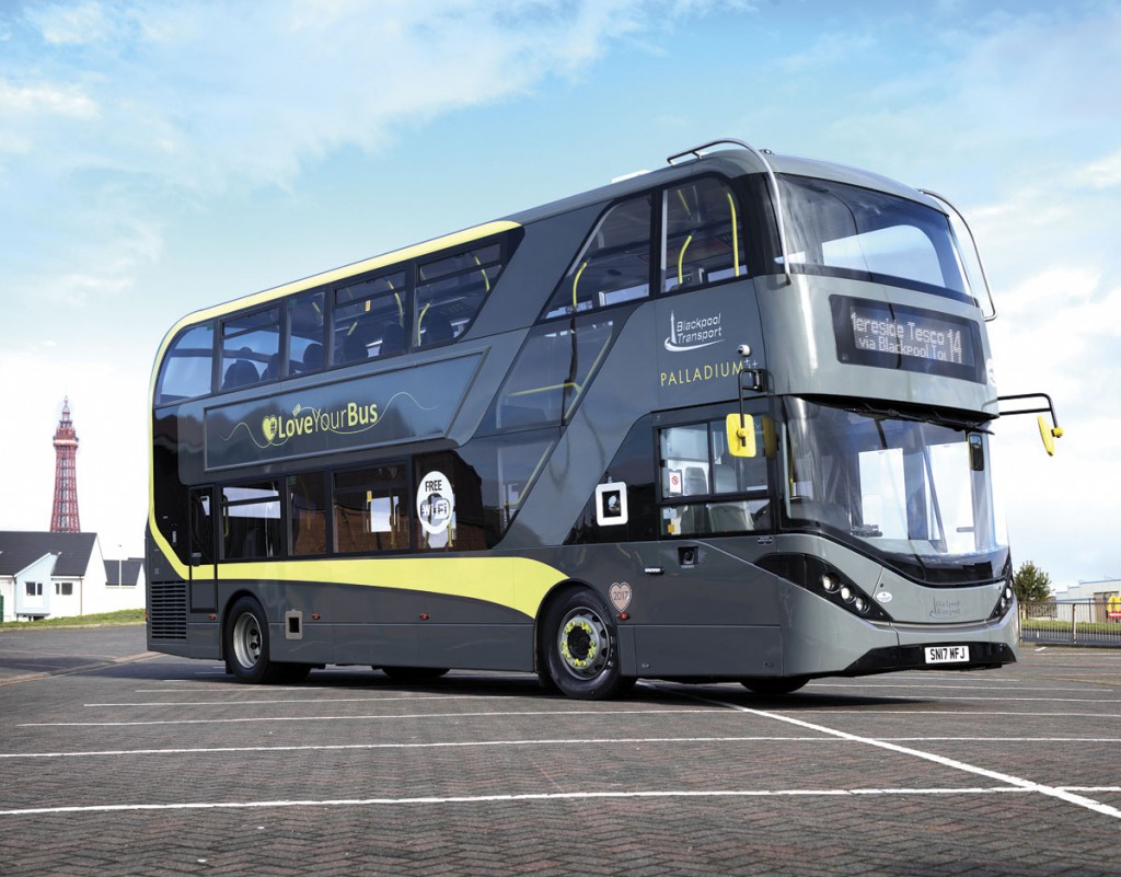 The offside of the Blackpool Enviro400 City with McKenna Brothers destination equipment.