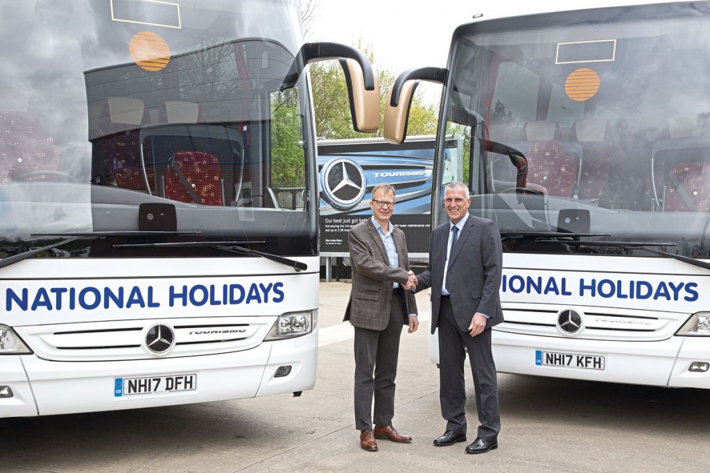 LtoR- Evobus (UK) CEO, Michael Thielmann formally hands over the first of the 2017 Tourismos to National Holidays MD, Graham Rogers