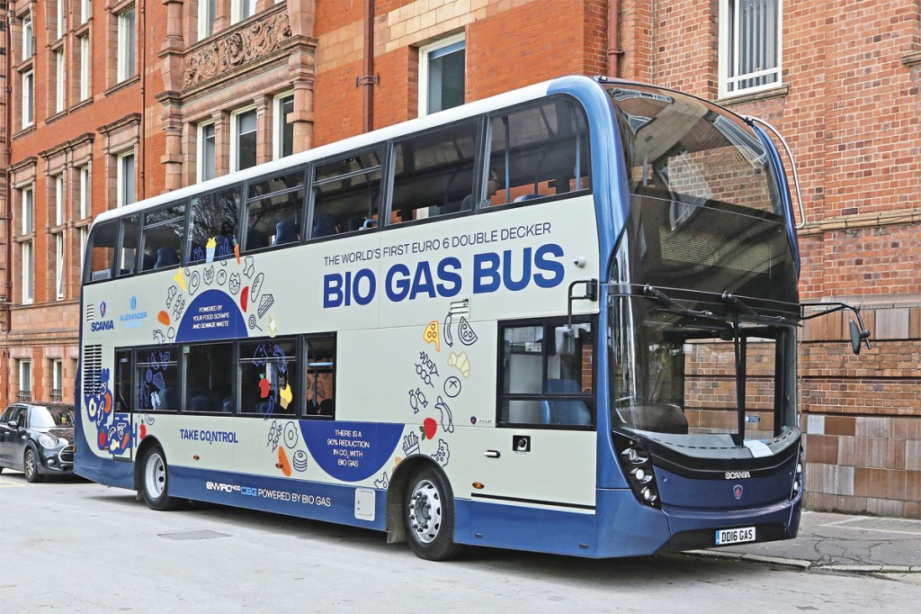 The Scania ADL biomethane double-decker outside the venue