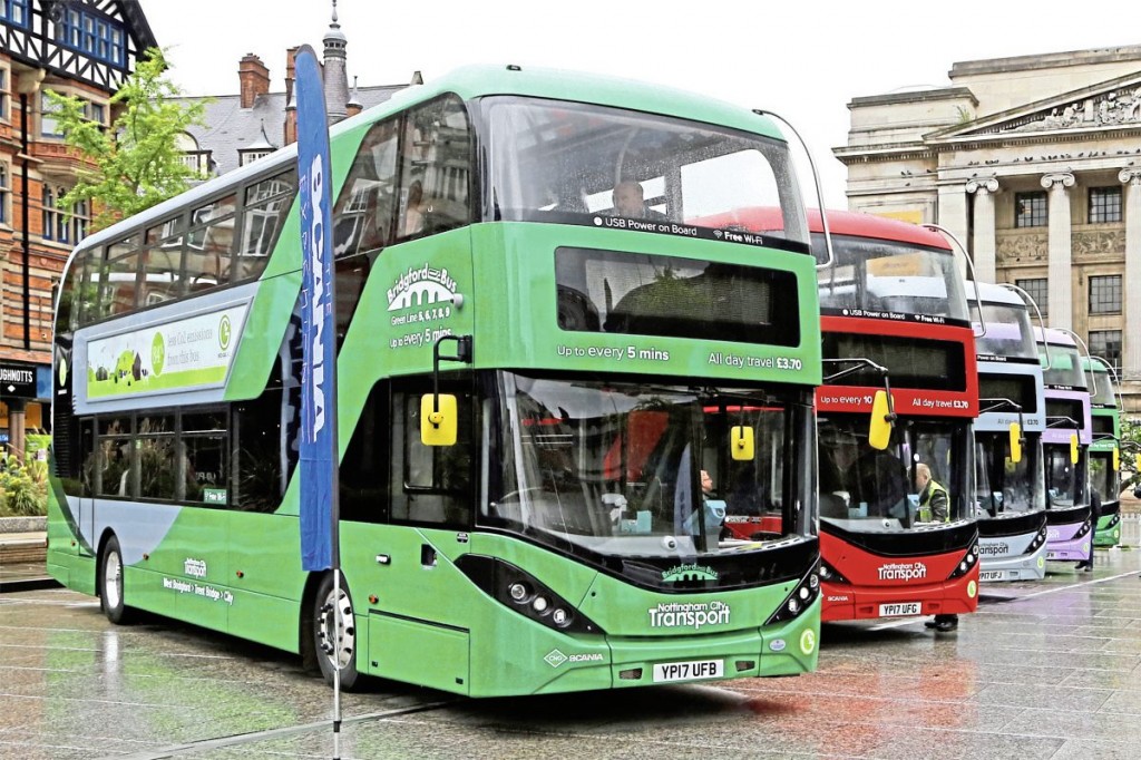 Five new Scania gas buses, each carrying a different route branding were displayed in Nottingham’s Old Market Square