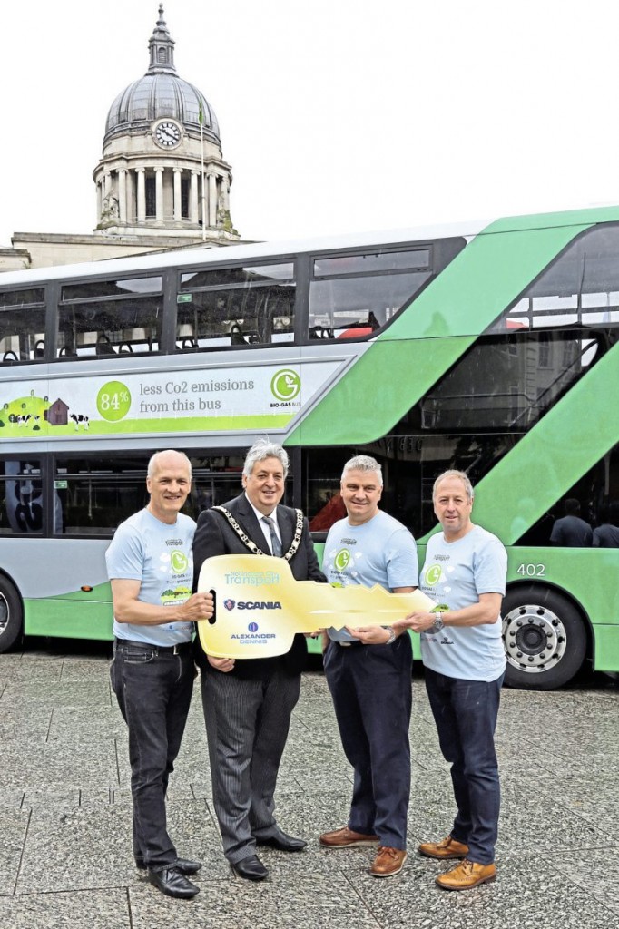 LtoR - Mark Fowles, the Mayor, Scania (GB) Ltd UK Bus and Coach Fleet Sales Manager, Mark Oliver and ADL Sales Director, Richard Matthews with the symbolic golden key