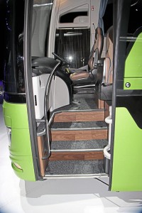 The entrance layout on a right-hand-drive coach