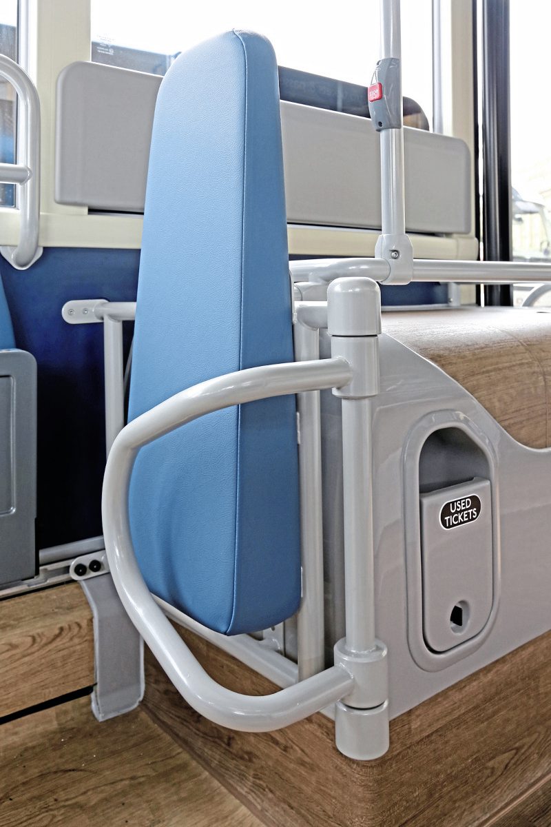 A single wheelchair position is provided aft of the front-nearside wheelarch. A used ticket bin is neatly incorporated into the available space