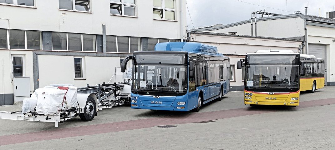 Newly completed buses at Starachowice. The vehicle in the centre is a CNG fuel Lion’s City for Tbilisi in Georgia which has taken 100