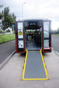 Fully-opening rear doors and ramp for wheelchair access. A solid rear end with wheelchair access through the side entrance is an option