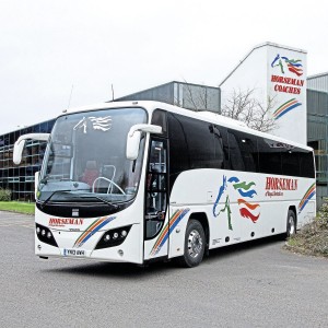 One of the 2013 Plaxton Panthers standing at the depot exit, the flying horse logo on the tower is often the only clue to the activity on site