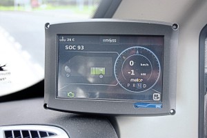 The information screen which shows road speed, available battery power reserve and degree of automatic re-charge