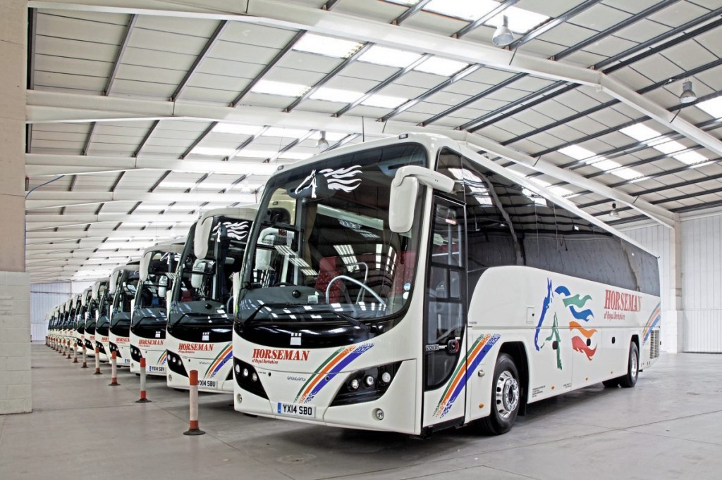 The spotless interior of the depot with a variety of Plaxton Panthers in perfect alignment