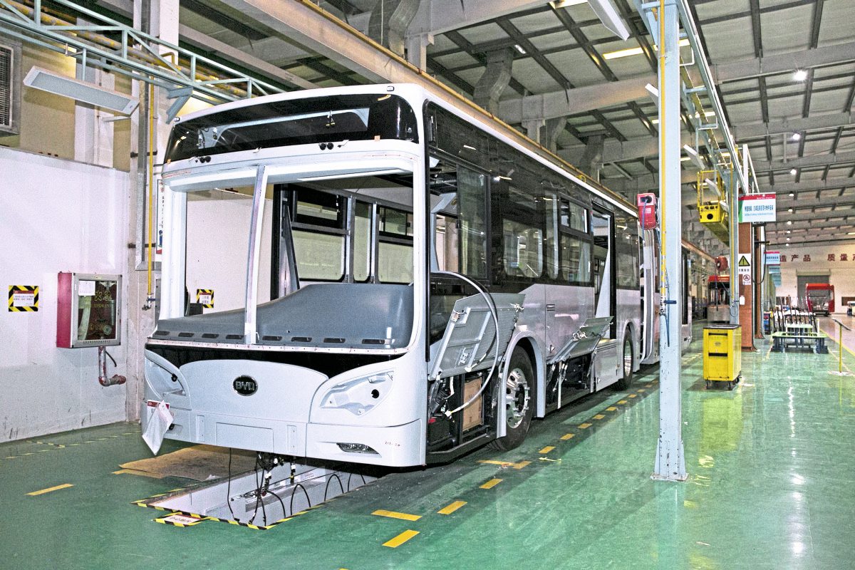 Among the prototypes under construction was this articulated BRT vehicle with a raised floor and doors on both sides for Ecuador