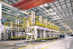 The jig in the prototype bus plant where the six separate main sections are brought together 