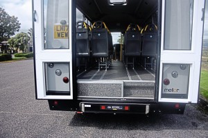 An underfloor-mounted cassette wheelchair lift is fitted.