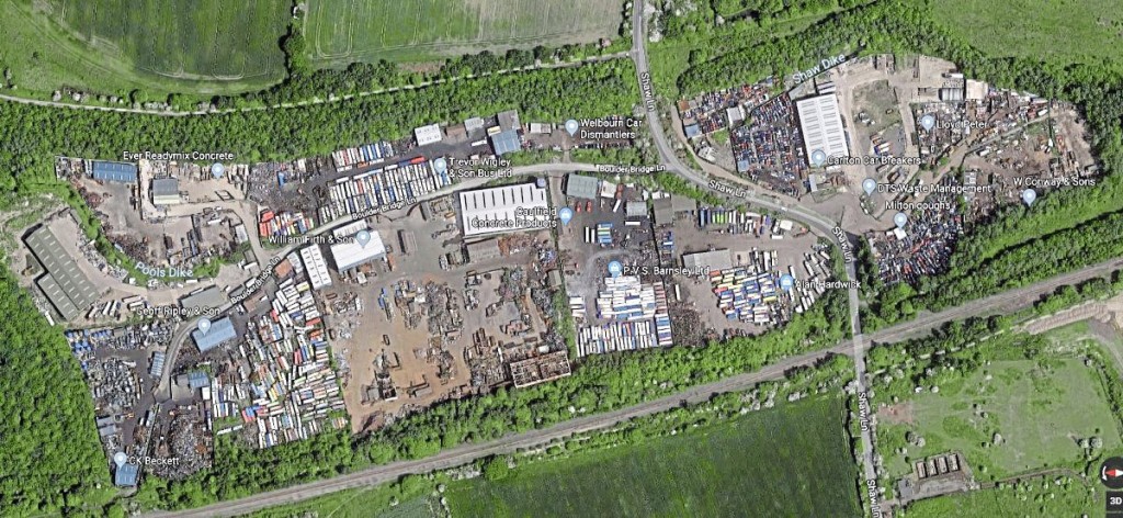 All together now - Boulder Bridge Lane’s enclave of dismantlers (Courtesy Google Maps)