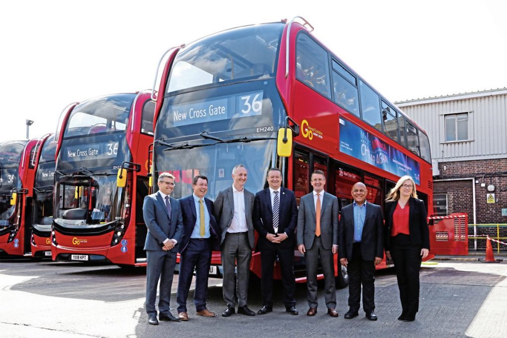 (LtoR) Matthew Lawrence (Business Development Manager, BAE Systems), Martin Brailey (Regional Sales Director London and the South, ADL), John Traynor (Managing Director, Go-Ahead London), Richard Harrington (Engineering Director, Go-Ahead London), Colin Robertson (Chief Executive, ADL), Colin Gerald (Bus Engineering Manager, Transport for London), Laura Cameron (Contract Manager, ADL).