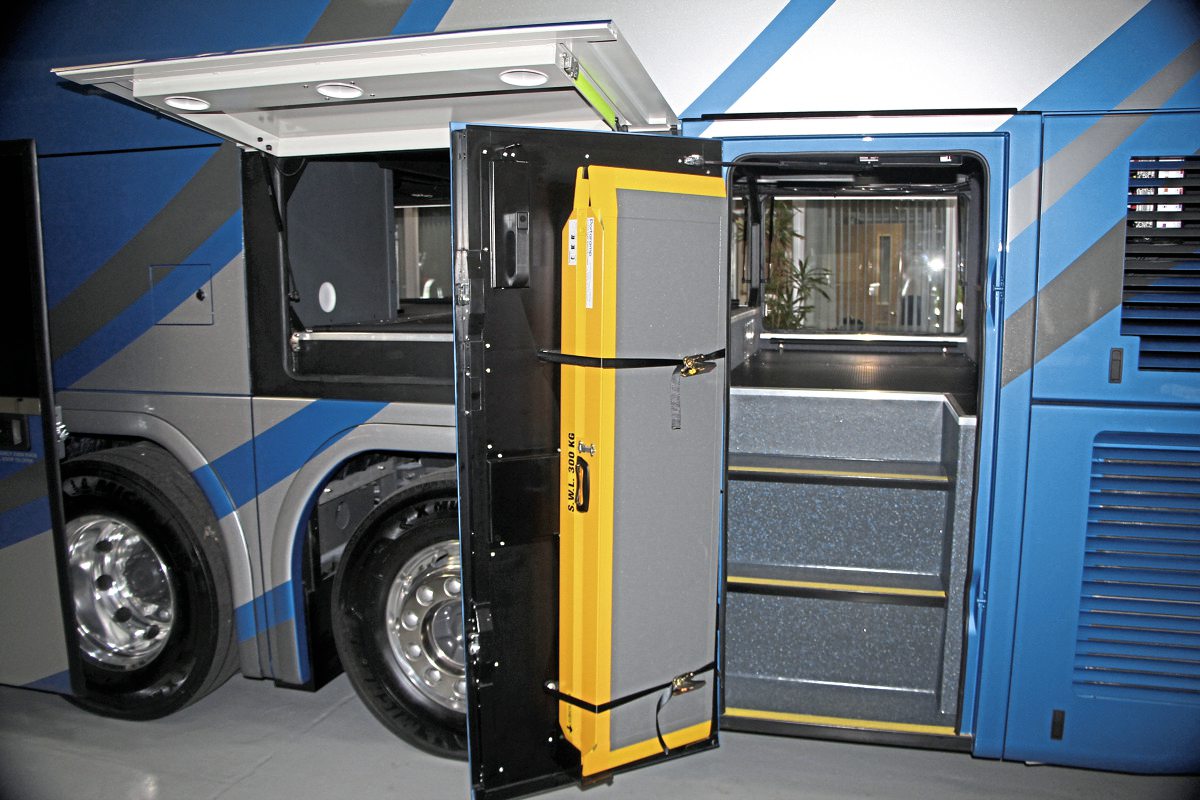 A full-height nearside door gives entry to the luggage compartment which has a capacity of 6.8 cubic metres. Note the access ramp stored on the door inner