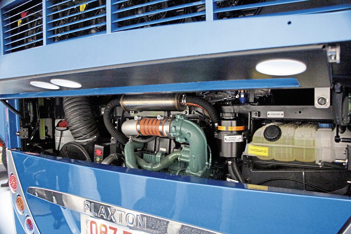 Volvo’s D11K engine rated at 460hp is standard on the B11RLE6x2 chassis