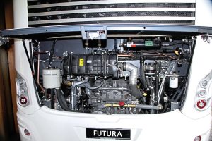 The standard engine option in the Futura FDD2 double deck is the MX13-390 rated at 530hp:390kW though the 450hp MX11 can be specified. The big MX can deliver 2,600Nm